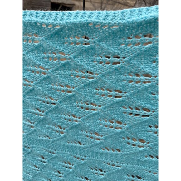 Vintage 70's Light Turquoise Blue Knitted Afghan Throw - Picture 8 of 13